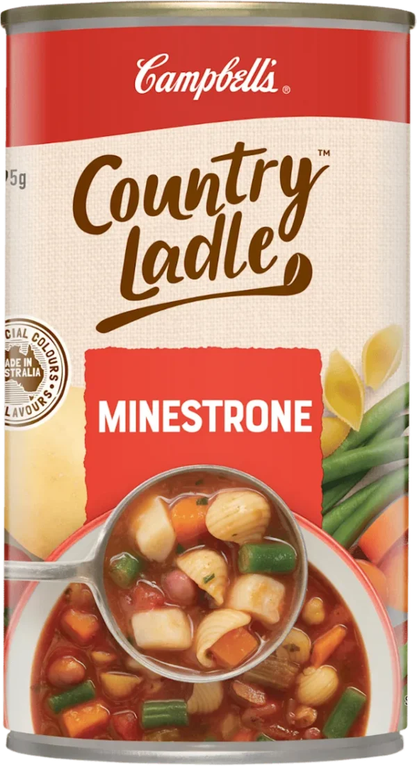 Country Ladle Minestrone Campbell's Country Ladle Minestrone soup can, no artificial colors or flavors, made in Australia.