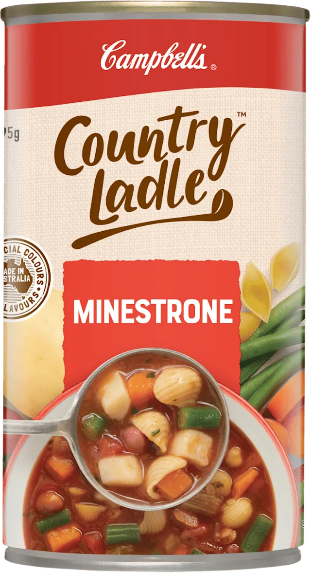 Campbell's Country Ladle Minestrone soup can, no artificial colors or flavors, made in Australia.