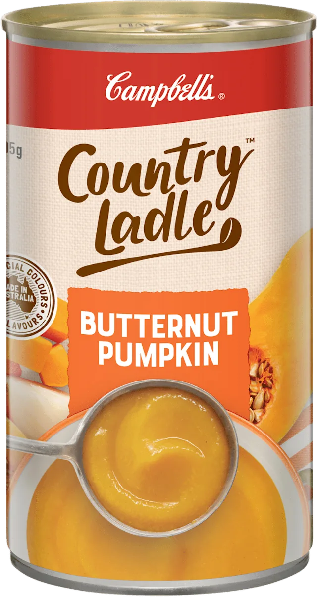 Campbell's Country Ladle Butternut Pumpkin soup can, made in Australia, no artificial colors.