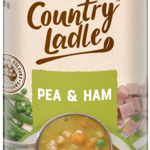 Campbell's Pea & Ham soup can with ingredients, made in Australia label visible.