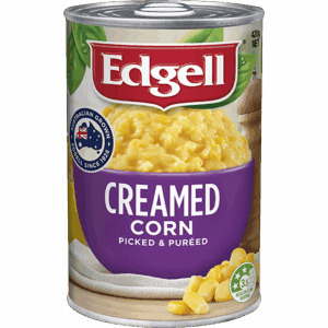 Edgell creamed corn can with purple label, 420g, Australian grown, picked and puréed.
