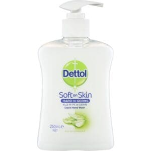 250 mL Dettol hand wash, pump dispenser, aloe vera, vitamin E, kills 99.9% germs.