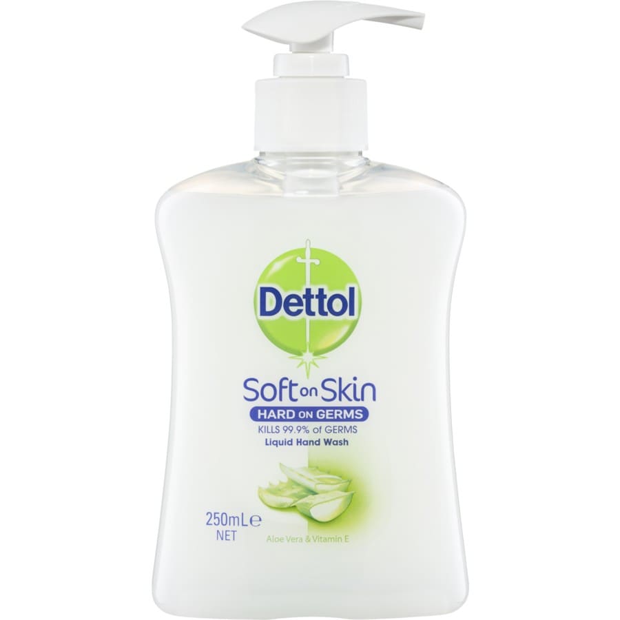 250 mL Dettol hand wash, pump dispenser, aloe vera, vitamin E, kills 99.9% germs.