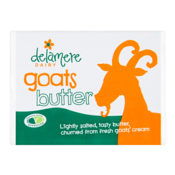 Delamere Goat Butter Delamere Dairy goat's butter packaging with orange goat silhouette, lightly salted, vegetarian.