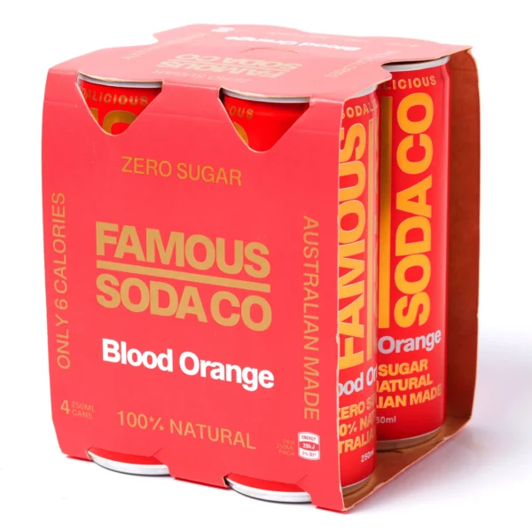 FAMOUS SODA CO SUGAR FREE BLOOD ORANGE SODA Pack of four 250ml Famous Soda Co Blood Orange, zero sugar, Australian made, red packaging.