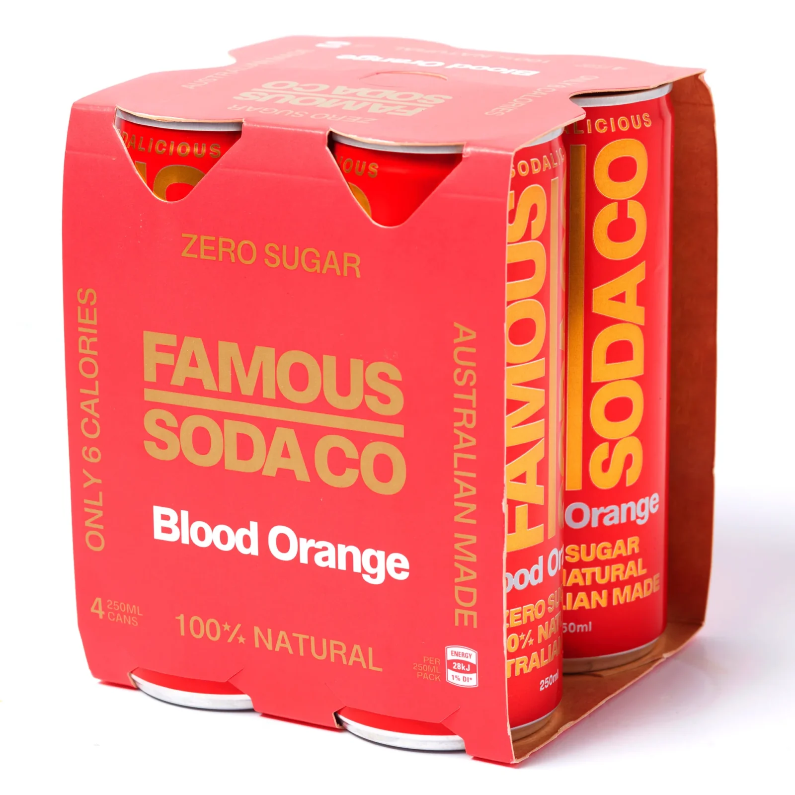 Pack of four 250ml Famous Soda Co Blood Orange, zero sugar, Australian made, red packaging.