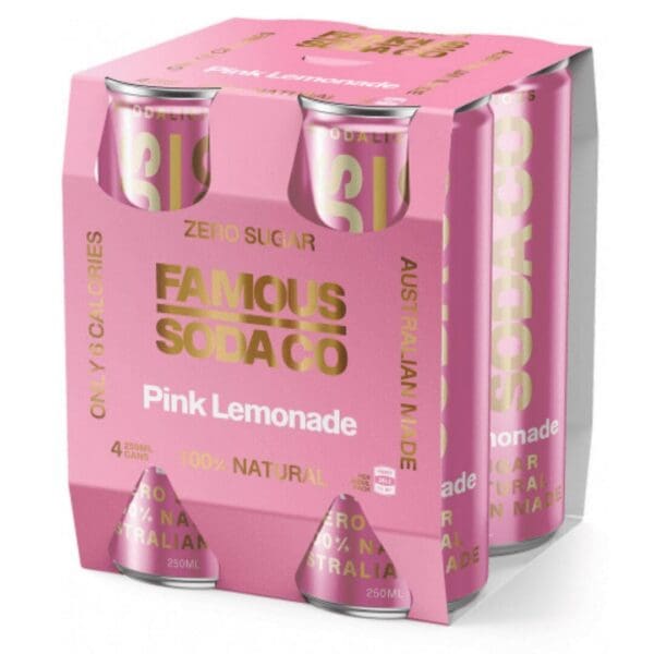 FAMOUS SODA CO ZERO SUGAR NATURAL PINK LEMONADE Four-pack of 250ml Famous Soda Co Pink Lemonade cans; zero sugar, 100% natural, 6 calories.