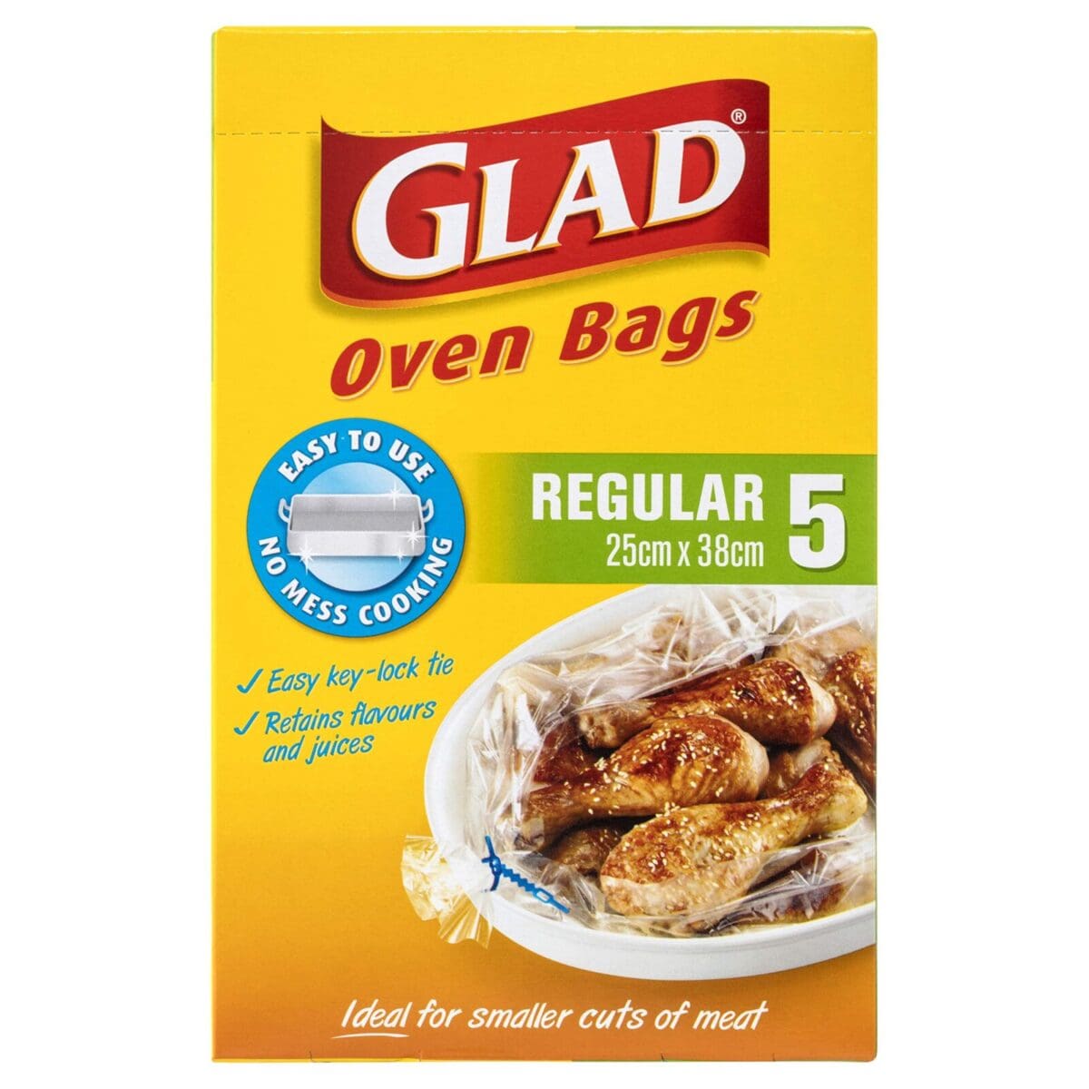 Glad Oven Bags box, 5 regular 25x38 cm, key-lock tie, retains flavors, ideal for small meats.