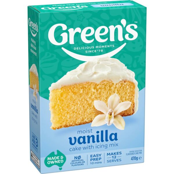 Green's Moist Vanilla Cake mix box, teal/white, with icing mix, 470g, no artificial colors.
