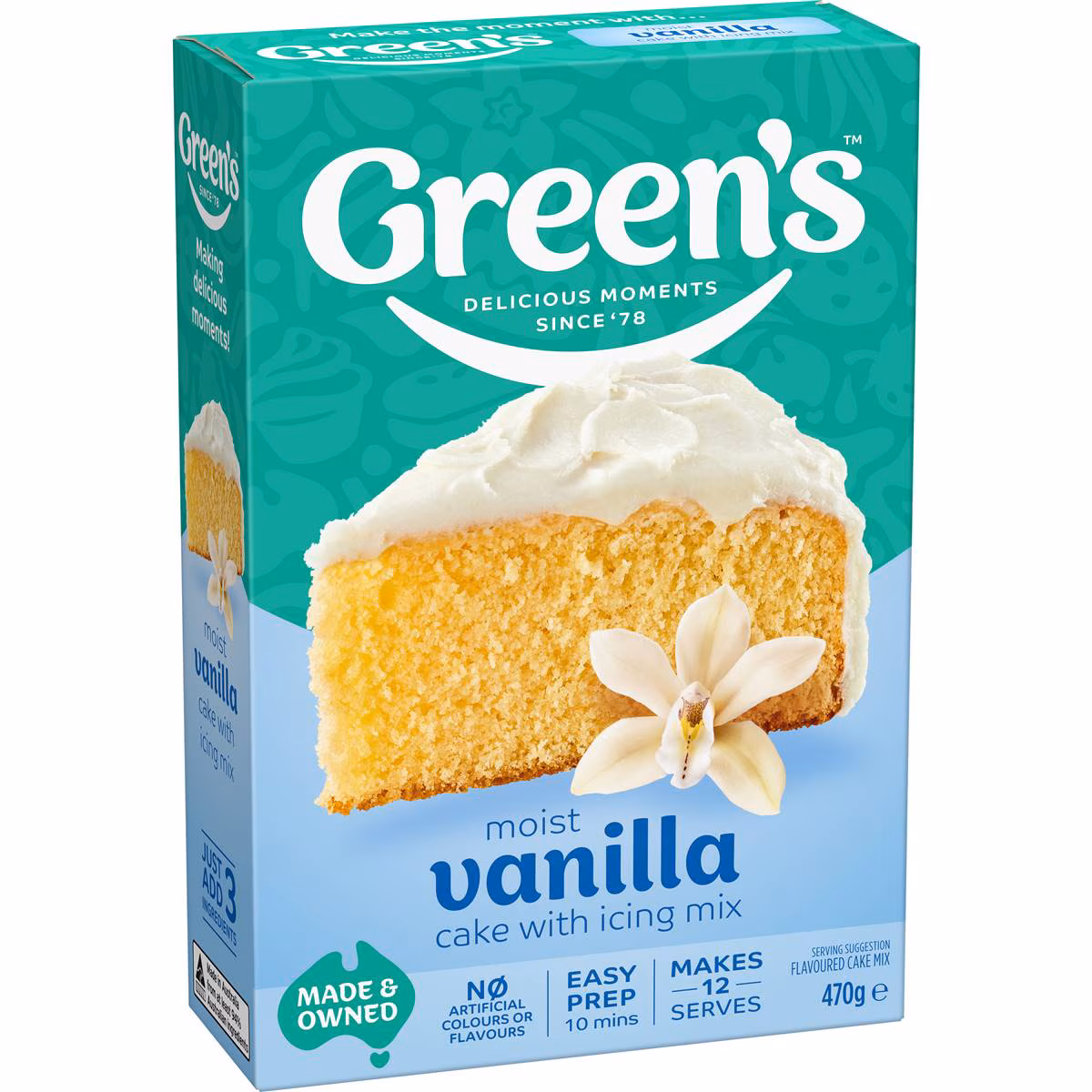 Green's Moist Vanilla Cake mix box, teal/white, with icing mix, 470g, no artificial colors.