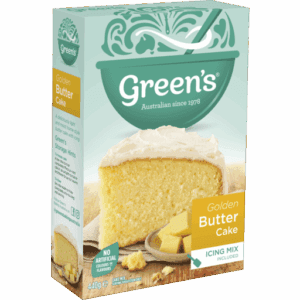 Box of Green's Golden Butter Cake mix, green/yellow, 440g, includes icing mix, no artificial colors.