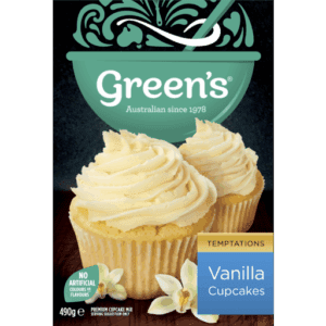 Box of Green's Vanilla Cupcake mix, 490g, with cupcakes image, no artificial colors or flavors.