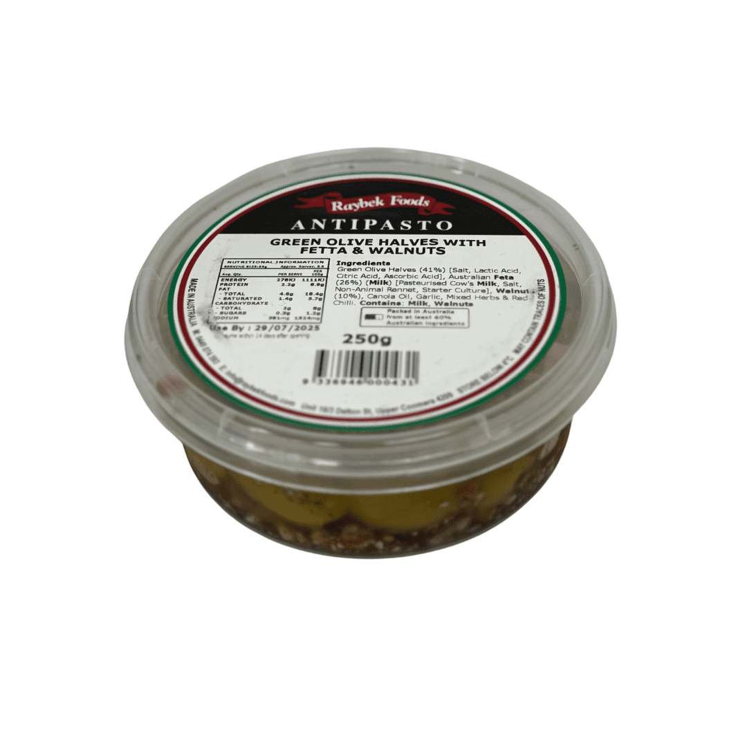 RAYBEK GREEN OLIVE HALVES WITH FETTA & WALNUTS
