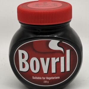 Bovril jar with red lid, labeled "Suitable for Vegetarians," 230 grams.