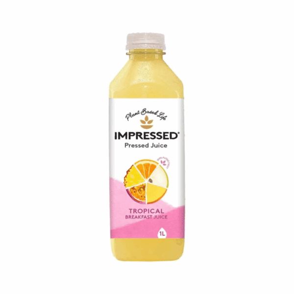 1-liter bottle of Impressed Pressed Juice Tropical Breakfast with tropical fruit images and plant-based label.