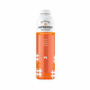 1-liter bottle of Impressed Cold Pressed Ginger Ninja juice with carrot, apple, ginger, and turmeric.