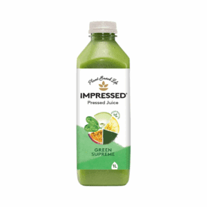 1-liter bottle of IMPRESSED Green Supreme pressed juice with spinach, apple, lemon, passionfruit, and green powder.