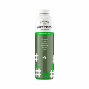 1-liter bottle of Impressed Cold Pressed Easy Greens juice with cucumber, apple, celery, pineapple, spinach, and kale.