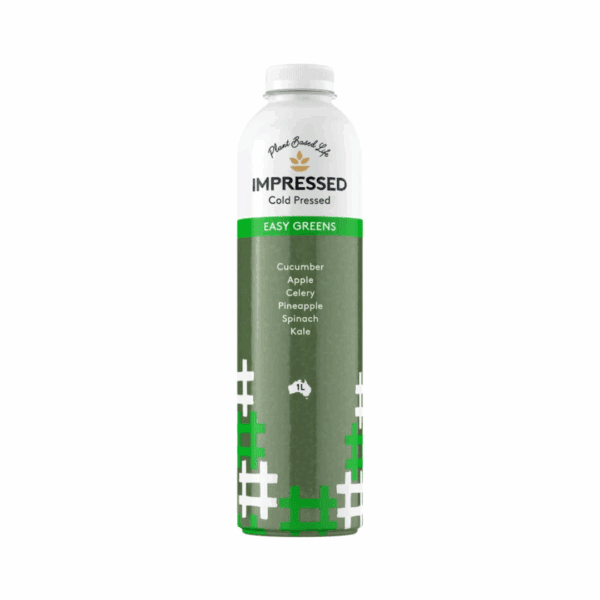 Impressed (4) 1-liter bottle of Impressed Cold Pressed Easy Greens juice with cucumber, apple, celery, pineapple, spinach, and kale.