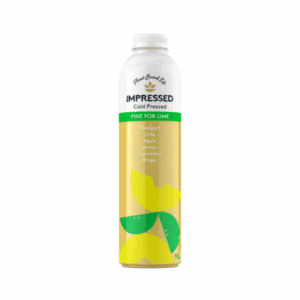1-liter bottle of IMPRESSED cold-pressed juice Pine For Lime with pineapple, lime, apple, lemon, cucumber, ginger.