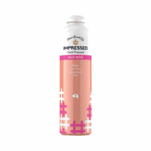 1-liter Impressed Cold Pressed juice bottle labeled Jack Rose with apple, lemon, strawberry, and mint flavors