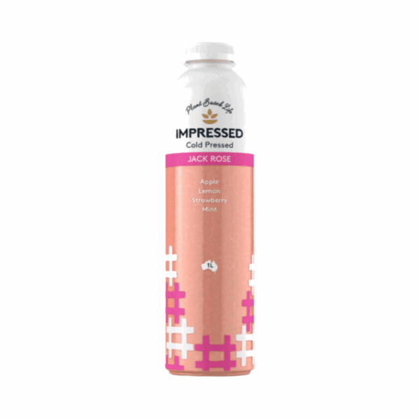 1-liter Impressed Cold Pressed juice bottle labeled Jack Rose with apple, lemon, strawberry, and mint flavors