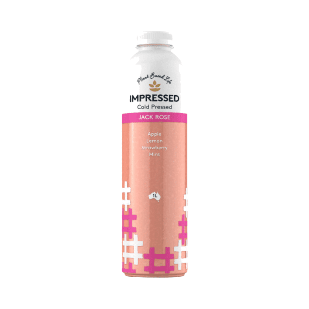 1-liter Impressed Cold Pressed juice bottle labeled Jack Rose with apple, lemon, strawberry, and mint flavors
