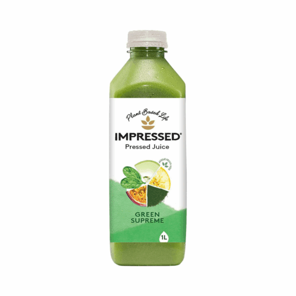 Impressed Apple Juice 1-liter bottle of IMPRESSED Green Supreme pressed juice with spinach, apple, lemon, passionfruit, and green powder.
