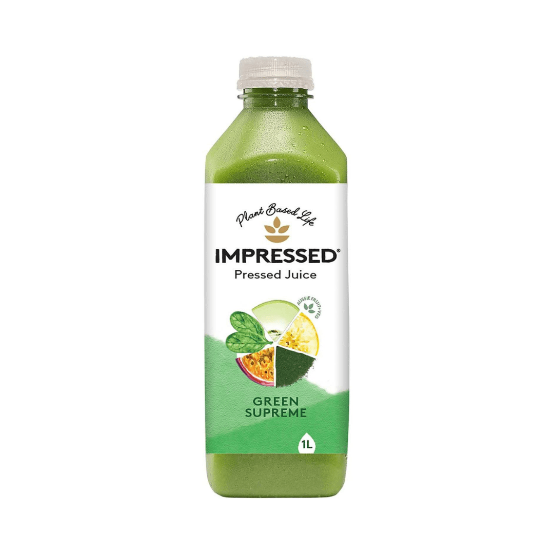 1-liter bottle of IMPRESSED Green Supreme pressed juice with spinach, apple, lemon, passionfruit, and green powder.