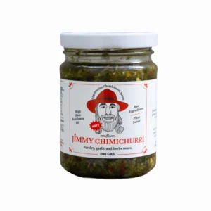 Jar of Jimmy Chimichurri hot Argentinian sauce with parsley, garlic, herbs, plant-based, 200 grams.