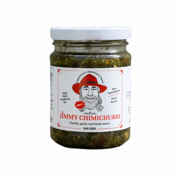 Jimmy_ChimiChurri_Hot_Packshot_1Large Jar of Jimmy Chimichurri hot Argentinian sauce with parsley, garlic, herbs, plant-based, 200 grams.