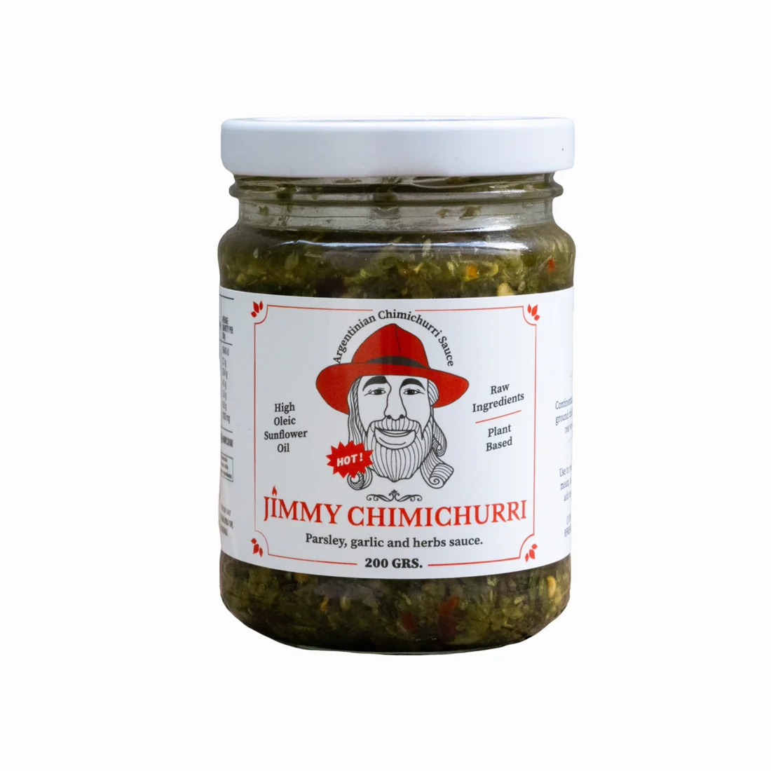 Jar of Jimmy Chimichurri hot Argentinian sauce with parsley, garlic, herbs, plant-based, 200 grams.