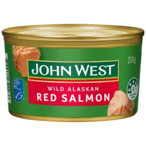 John West Wild Alaskan Red Salmon tin, green/gold design, 210g, 4-star health rating.
