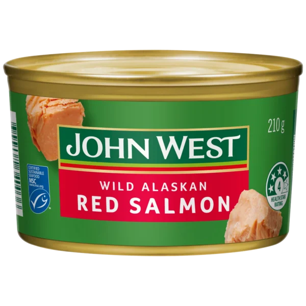 John-West-Red-Salmon-210g John West Wild Alaskan Red Salmon tin, green/gold design, 210g, 4-star health rating.