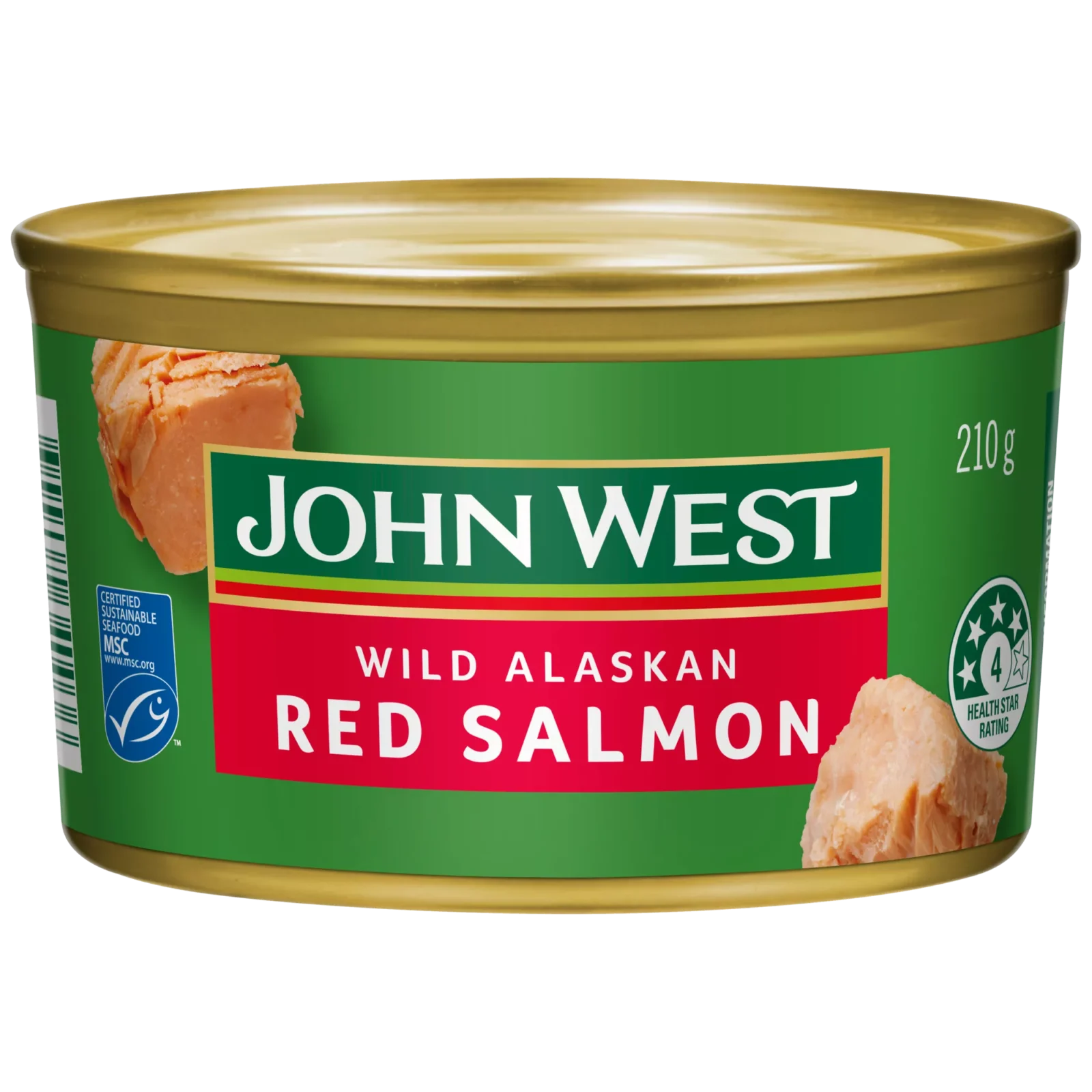 John West Wild Alaskan Red Salmon tin, green/gold design, 210g, 4-star health rating.