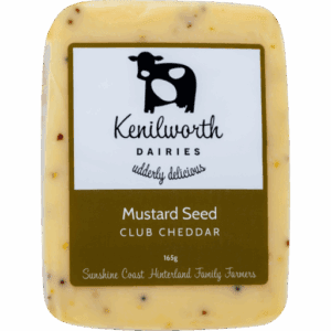 Kenilworth Dairies 165g Mustard Seed Club Cheddar, cow logo, Sunshine Coast Hinterland origin.