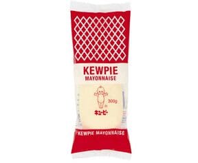 300g Kewpie Mayonnaise package, red and white, diamond pattern, baby logo.