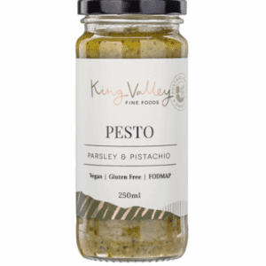 Jar of King Valley Fine Foods parsley and pistachio pesto, 250ml, vegan, gluten-free, FODMAP-friendly.
