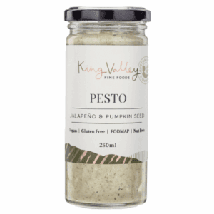 Glass jar of jalapeño pumpkin seed pesto, vegan, gluten-free, FODMAP, nut-free, 250ml.