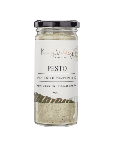 Glass jar of jalapeño pumpkin seed pesto, vegan, gluten-free, FODMAP, nut-free, 250ml.