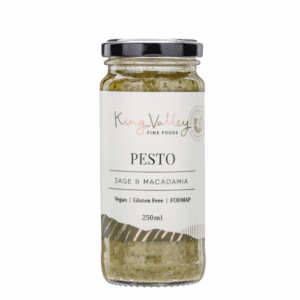 Jar of King Valley Fine Foods pesto, sage macadamia flavor, vegan, gluten-free, 250ml.