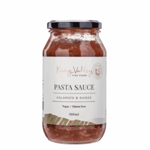 500ml jar of King Valley Fine Foods pasta sauce, Kalamata & Shiraz, vegan, gluten-free.