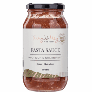 Jar of King Valley pasta sauce, mushroom & chardonnay flavor, vegan, gluten-free, 500ml.