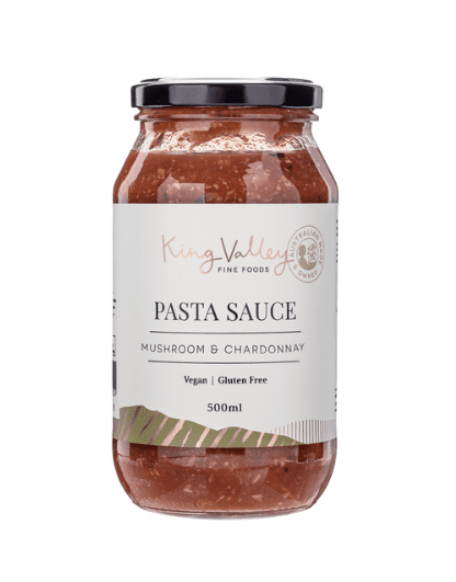 Jar of King Valley pasta sauce, mushroom & chardonnay flavor, vegan, gluten-free, 500ml.