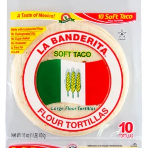 La Banderita Soft Taco Flour Tortillas, 10-pack, with red, white, green packaging.