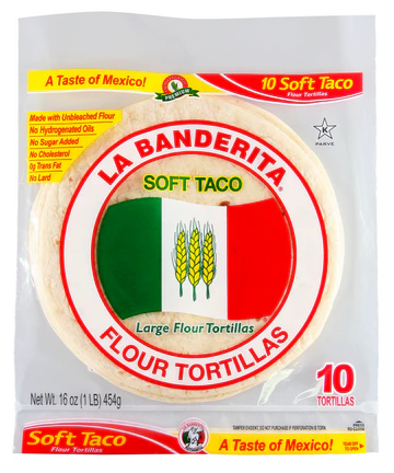 La Banderita Soft Taco Flour Tortillas, 10-pack, with red, white, green packaging.