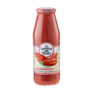 Glass bottle of Italian tomato sauce with checkered cap and decorative label.