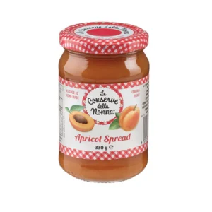 Jar of apricot spread, Le Conserve della Nonna, 330g, red checkered lid and label.