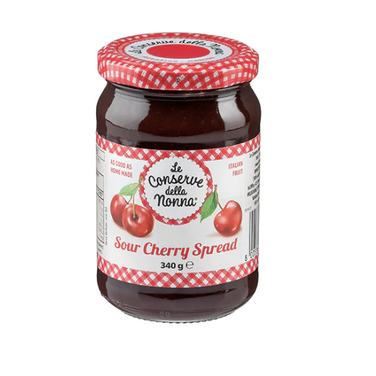 340g jar of Le Conserve della Nonna sour cherry spread with red checkered lid and label.