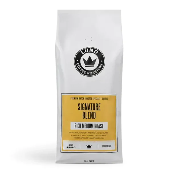 White coffee bag, Lund Coffee Roasters, Signature Blend, rich medium roast, whole beans.